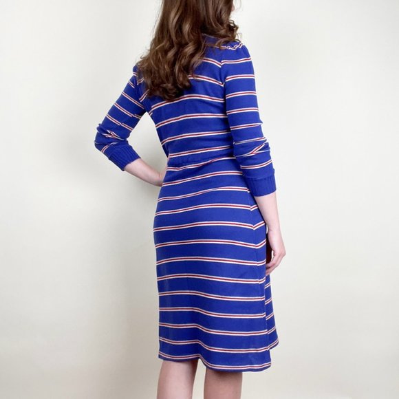Vintage 70s Striped Ribbed Knit Long Sleeve Midi Sweater Dress Preppy Coastal - Picture 2 of 6